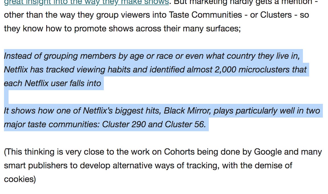 4/ How Netflix uses "microclusters" to group customer tastes. https://twitter.com/simonbigpicture/status/1334162215612665858?s=20