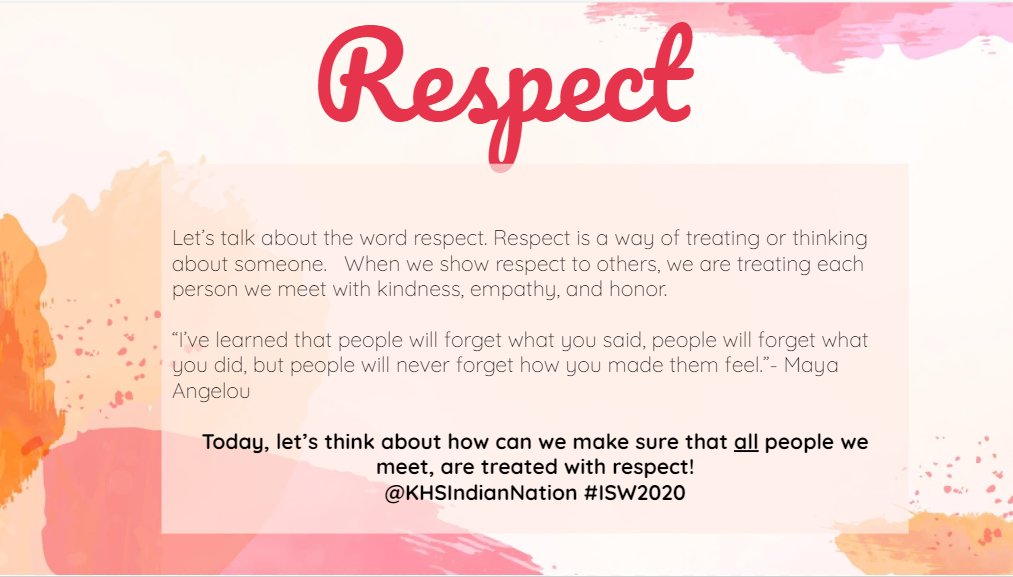 Today's word for Inclusive Schools Week is "RESPECT"  Do your best to show your R-E-S-P-E-C-T!