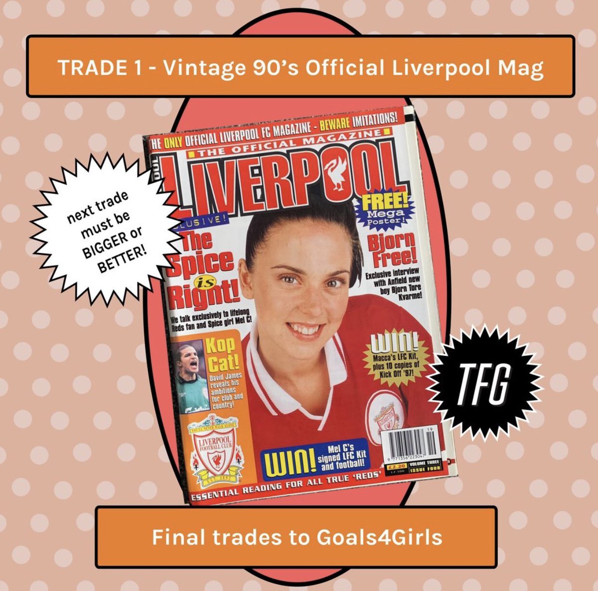 Calling all footie memorabilia fans! 

We’re taking inspo from the red paper clip challenge and trading ⬆️ memorabilia. 

Starting w/ this official Liverpool mag ‘95, ft <a href="/MelanieCmusic/">Melanie C / Mel C</a> - we’re seeing how far our trades will get us. Final trades to <a href="/Goals4girlsuk/">Goals 4 Girls</a>. RTs appreciated!