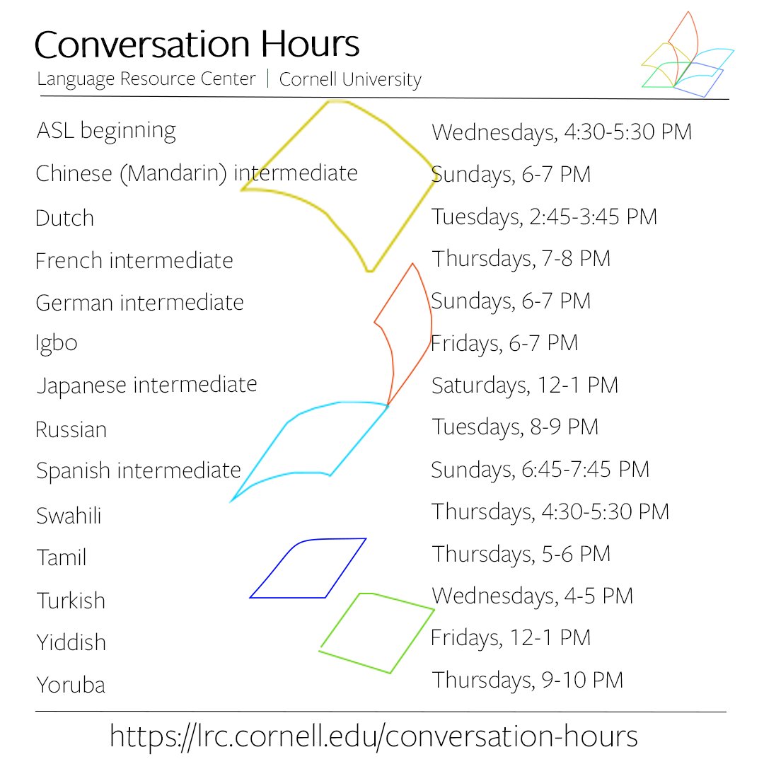 CornellLRC's tweet photo. Hey language learners! Join the @CornellLRC #conversationhours. #Chinese, #German, and #Spanish on Sundays. See you then!
Come speak all the languages.
Links at https://t.co/DSyd8cPWrQ
@CornellCAS @AfricanaCU @CornellNES @CornellROMS @EinaudiCenter @CUlanguagehouse https://t.co/15SPV9Aj8Z