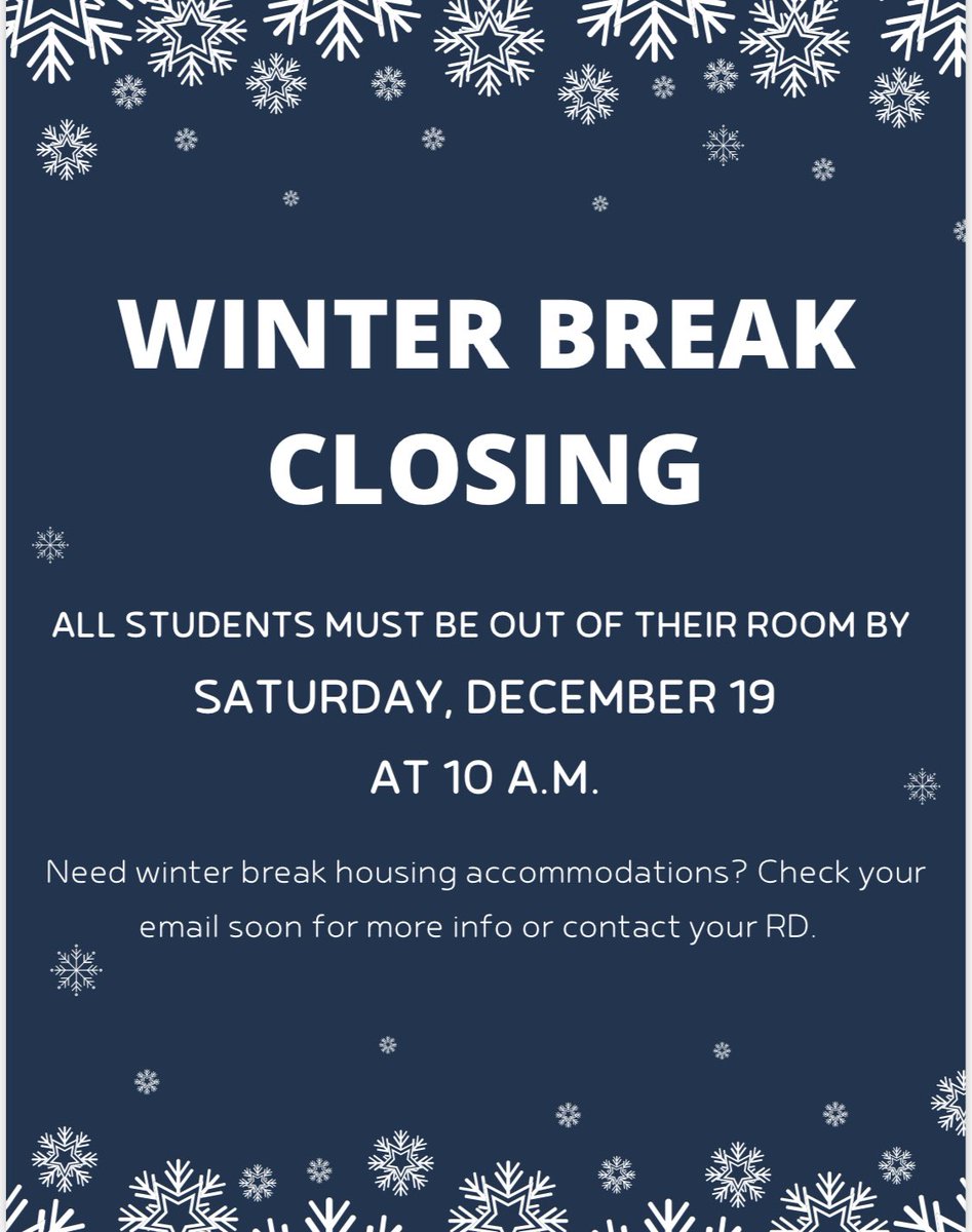 SuffolkResLife's tweet photo. Halls close 12/19! Check Suffolk emails for more info on closing details #SuffolkLiving https://t.co/ukK5DveP6t