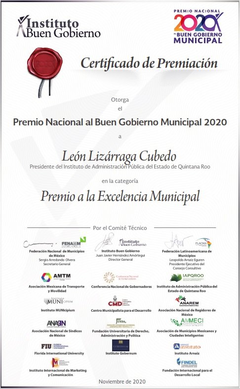 #AdministraciónPública Nuestro reconocimiento al Mtro. <a href="/leonpres/">leon lizarraga</a> Presidente de nuestra #AlmaMater el <a href="/iapqroo/">IAPQROO</a> por ser distinguido con el #PremioNacionalAlBuenGobiernoMunicipal2020 en la categoría #PremioALaExcelenciaMunicipal <a href="/COMAPPCancun/">COMAPP</a> <a href="/ConlaCancun/">CONLA Cancun</a> <a href="/mapachestec/">@MAPACHESTec</a> <a href="/chetubien/">Comunidad Chetubien</a>