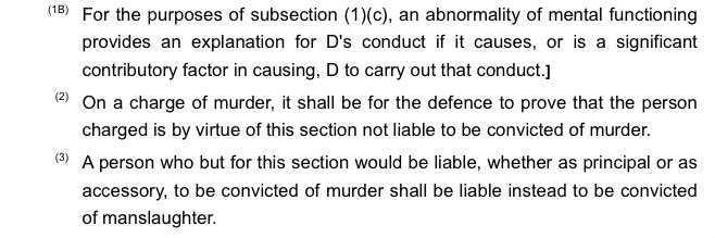 An important point is that the burden to prove the defence is on the defendant. However it’s not the same standard as the prosecution generally has (“beyond reasonable doubt” or making a jury “sure”) - the defendant only has to prove the defence on the balance of probabilities.