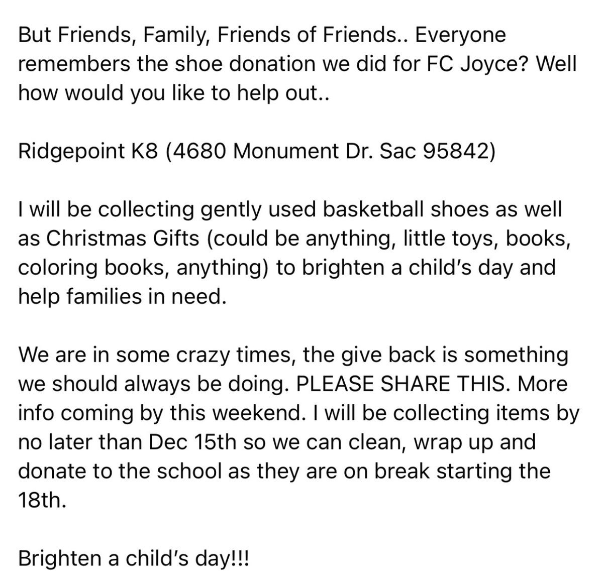 CoachT2NCD's tweet photo. Not about me, but about them! Help brighten a child’s day and help families in need. Who would like to help donate? #retweet #share never know who might see this and help put a smile on a child’s face!!! https://t.co/tZJMEVjWia
