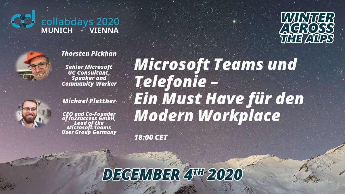 Telephony with #microsoftteams has become 2nd nature for many, but what does it take to make it all work? Join <a href="/tpickhan/">Thorsten Pickhan | tpickhan.bsky.social</a> and <a href="/plemich/">Michael Plettner | MVP | #TalkM365 #VivaExplorers</a> at 18:00 CET to learn more about the topic Note: Session will be in DE
#CollabdaysMUCVIE @collabdaysmuc @collabdaysvie #microsoft