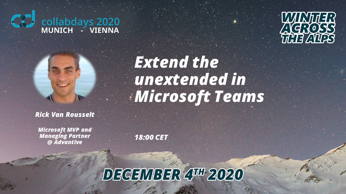 Messaging extension, anybody, to make your users even happier? Join <a href="/RickVanRousselt/">Rick Van Rousselt</a> at 18:00 CET to look under the surface and learn how they work. 
#CollabdaysMUCVIE @collabdaysmuc @collabdaysvie #microsoft