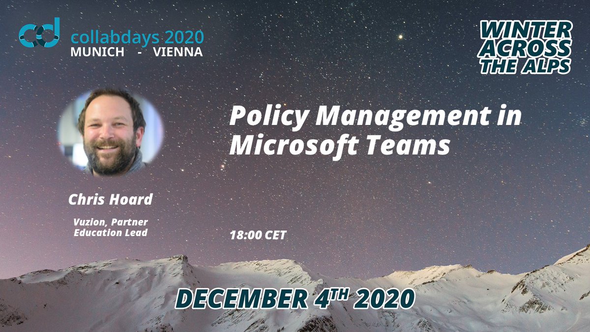 #microsoftteams is a powerful tool and policy management will allow you to stay in control! Join @Microsoft365Pro at 18:00 CET to learn what tools are at your disposal to define your users' Teams experience.
#CollabdaysMUCVIE @collabdaysmuc @collabdaysvie #microsoft
