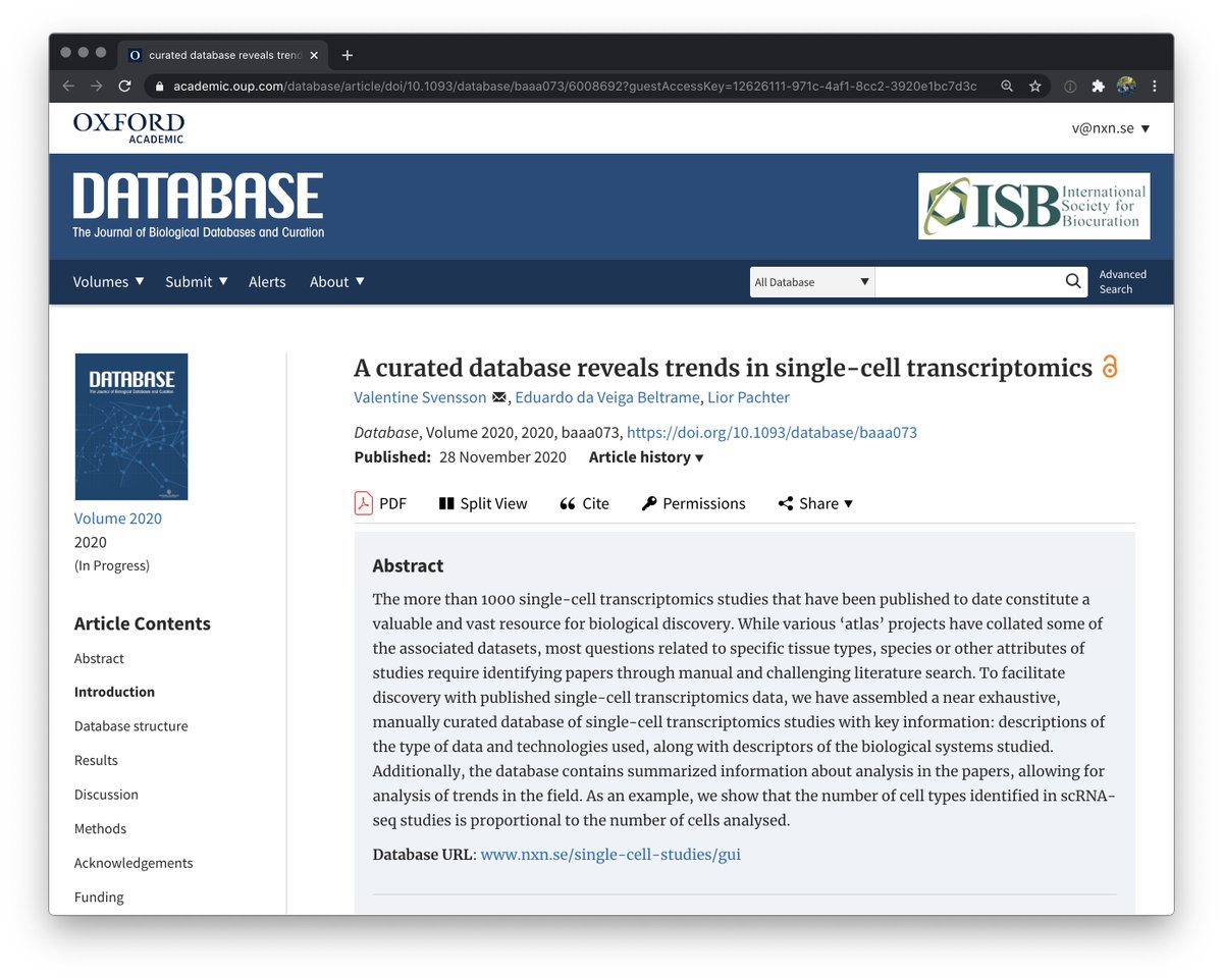 Our database of scRNA-seq studies is now out in Database! - doi.org/10.1093/databa…

I use this resource a lot to find datasets for tissues or diseases I want to investigate. nxn.se/single-cell-st…