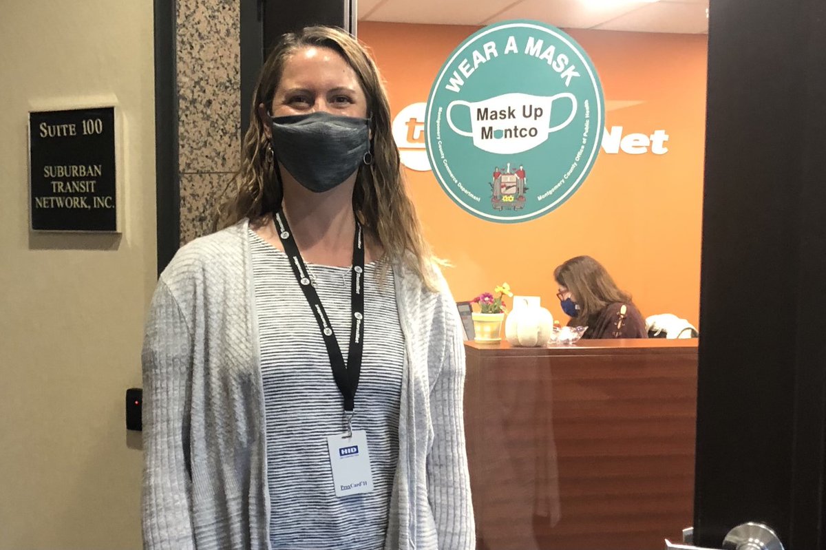 TransNetPA's tweet photo. Danielle Wiley, Marketing and Communications Manager at TransNet, wears her mask for "my kids, friends, and coworkers". Who do you wear a mask for? Share with us. Stay safe and healthy! #TakeTransNet https://t.co/20TlUk86aU