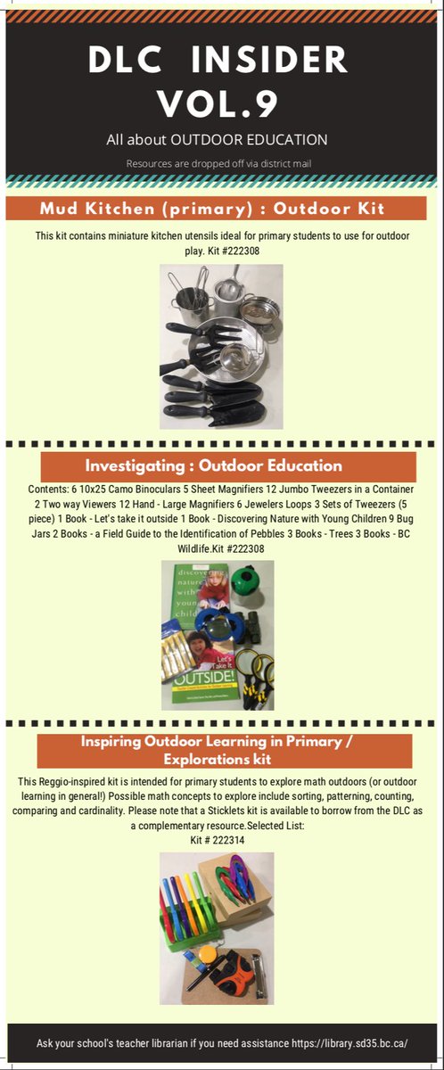 This week’s DLC Insider Vol 9 is all about #outdooreducation  We are featuring a primary Mud Kitchen, Investigating kit and a Reggio-inspired kit. Sign these out through the District Learning Commons from your school’s library catalogue <a href="/LangleySchools/">Langley Schools</a> #sd35llc #dlcsd35