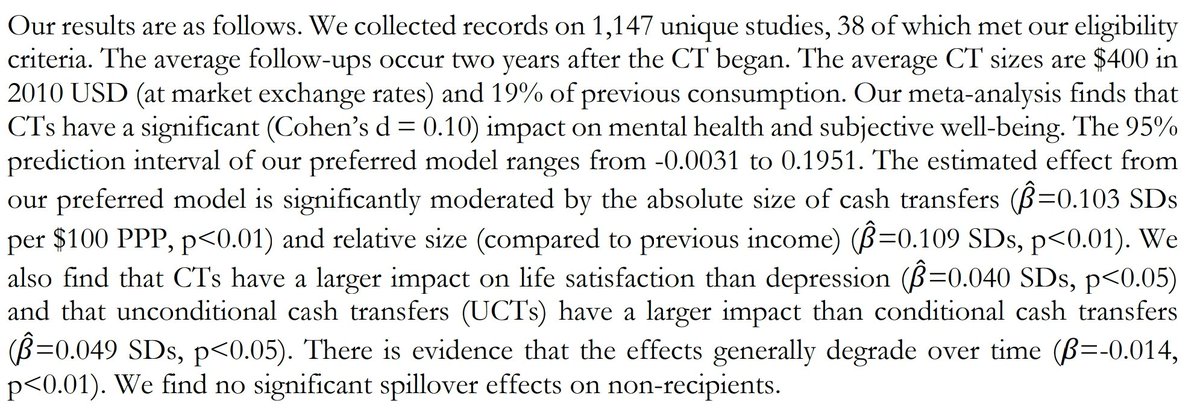 A new meta-analysis of 38 studies finds that cash transfers improve mental health and subjective well-being, and that unconditional cash has a larger impact than conditional cash. The impact also depends on amount, and primary impact is life satisfaction. https://www.happierlivesinstitute.org/cash-transfers.html