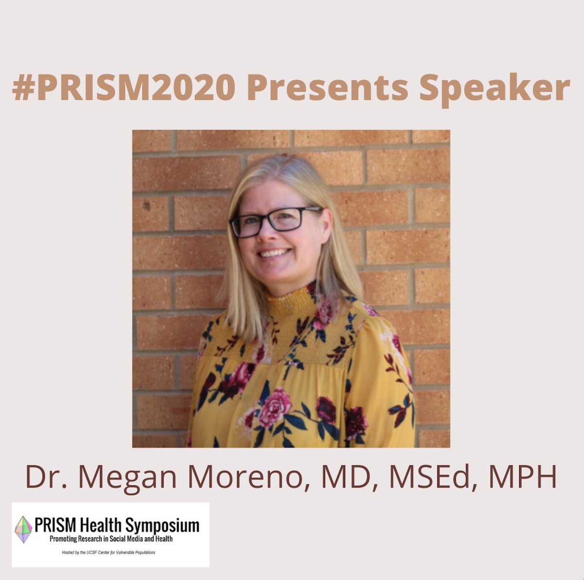 SMAHRTeam's tweet photo. Today, Dr. Megan Moreno will be speaking at #PRISM2020. Here's some information about her: Dr. Moreno is a Professor of @WiscPediatrics & Principal Investigator of #SMAHRT. Tune in to hear more about our work! #socialmedia #PublicHealth https://t.co/vTR5589HDr