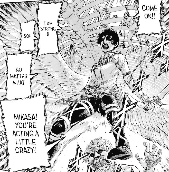 81194elf's tweet photo. #AOT135SPOILERS

ARE WE GOING TO TALK ABOUT THE FACT THAT ISAYAMA MADE IT LOOK AS IF MIKASA HAS FUXKING WINGS???? 

Wearing the actual Wings of Freedom, she's free to continue the fight. https://t.co/i2ICBiguxO