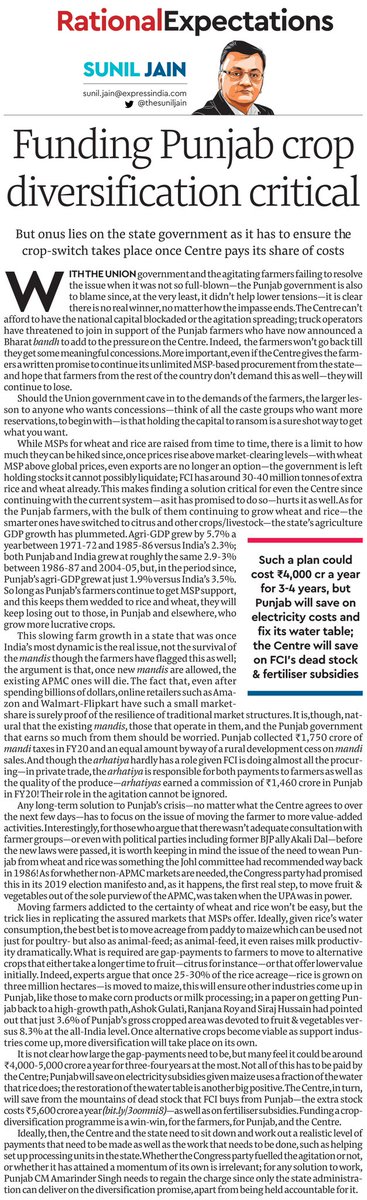 Only way out for agitating farmers  @capt_amarinder &  @narendramodi is for centre to help fund 3-4-year crop diversification planFarmers lose without this even if MSP continues & Modi can't afford to let it be known that marching to Delhi can blackmail him https://www.financialexpress.com/opinion/funding-a-punjab-crop-diversification-plan-critical/2143361/