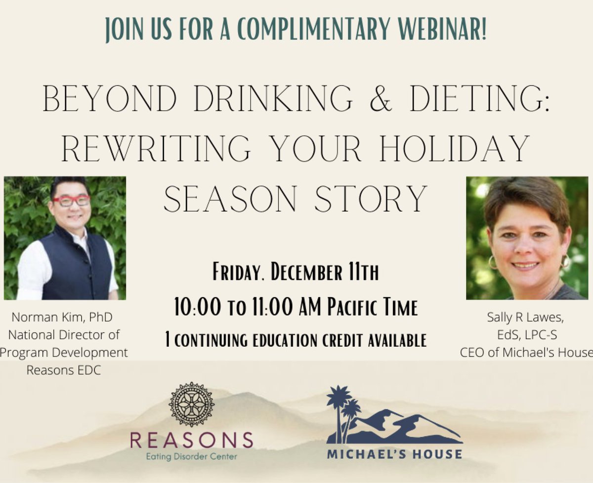 Join us December 11 at 10 a.m. for our complimentary webinar led by our CEO, Sally Lawes and Reasons Eating Disorder Center's National Director, Norman Kim. One CE credit will be provided to attendees.

You can register for the event at bit.ly/390cHWF.