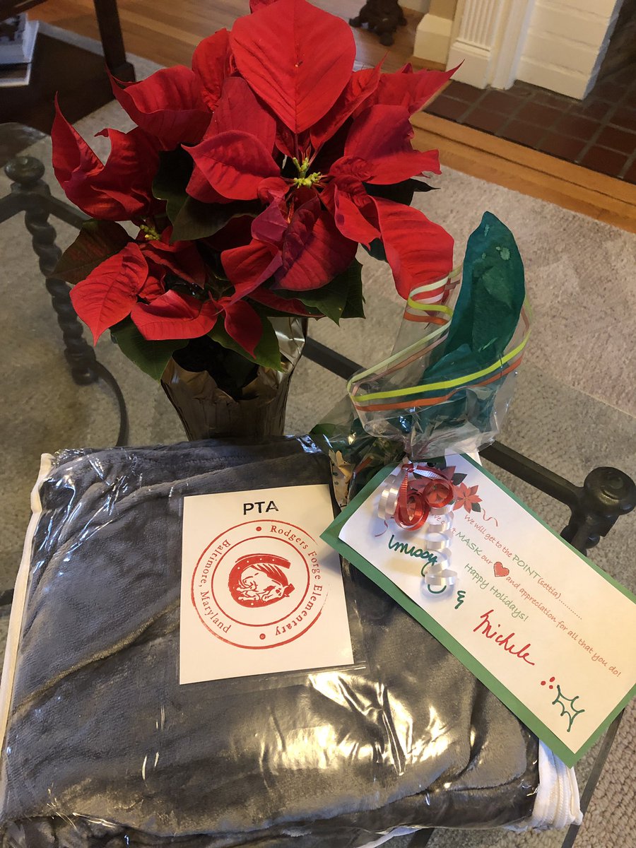 Feeling appreciated and blessed to work at RFES! Hand delivered holiday treats from our amazing admin!!! Shout out to RFES PTA for your unending support!!! Love the cozy blanket!@missyfanshaw @rfespta @BaltCoPS