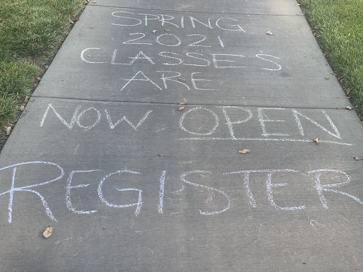 SGANewman's tweet image. The SGA Public Relations Committee went out and chalked campus before break to remind students to enroll early for the spring!

Have you enrolled? #SameValues #AcademicExcellence 🎓🎓
