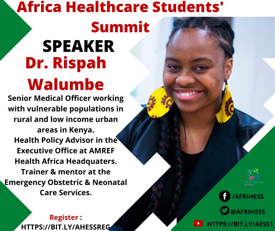 Confirmed to speak at #AHESS2020

Dr. Rispah Walumbe, Kenya

More about her  leadership &amp; health policy expertise available here: facebook.com/11478958037361…

Catch her tomorrow, 05 Dec 2020 from 1400hrsGMT as she shares her experience on healthcare financing #AHESSYouth #UHC