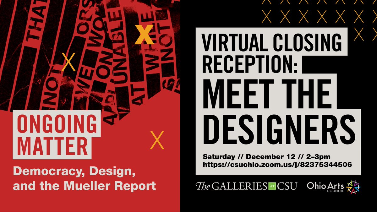 ongoingxmatter's tweet photo. Virtual closing reception for Ongoing Matter: Democracy, Design, and the Mueller Report. @CLE_State @CSUArtGallery #themuellerreport #designfordemocracy https://t.co/YpqlE9dl49