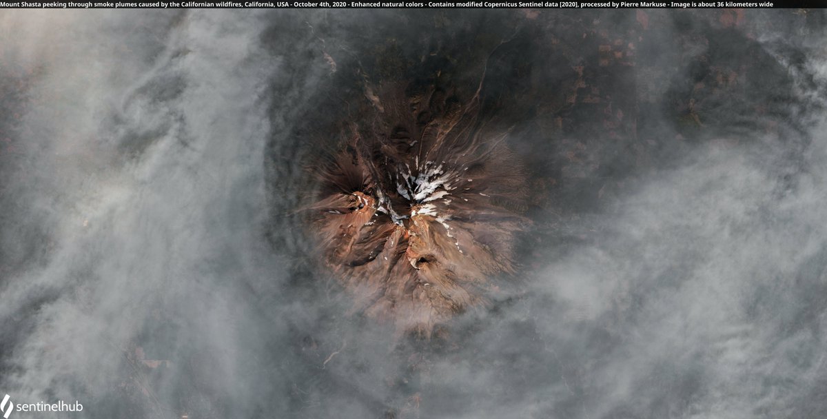 Satellite image of Mount Shasta peaking through wildfire smoke. Copernicus/Pierre Markuse