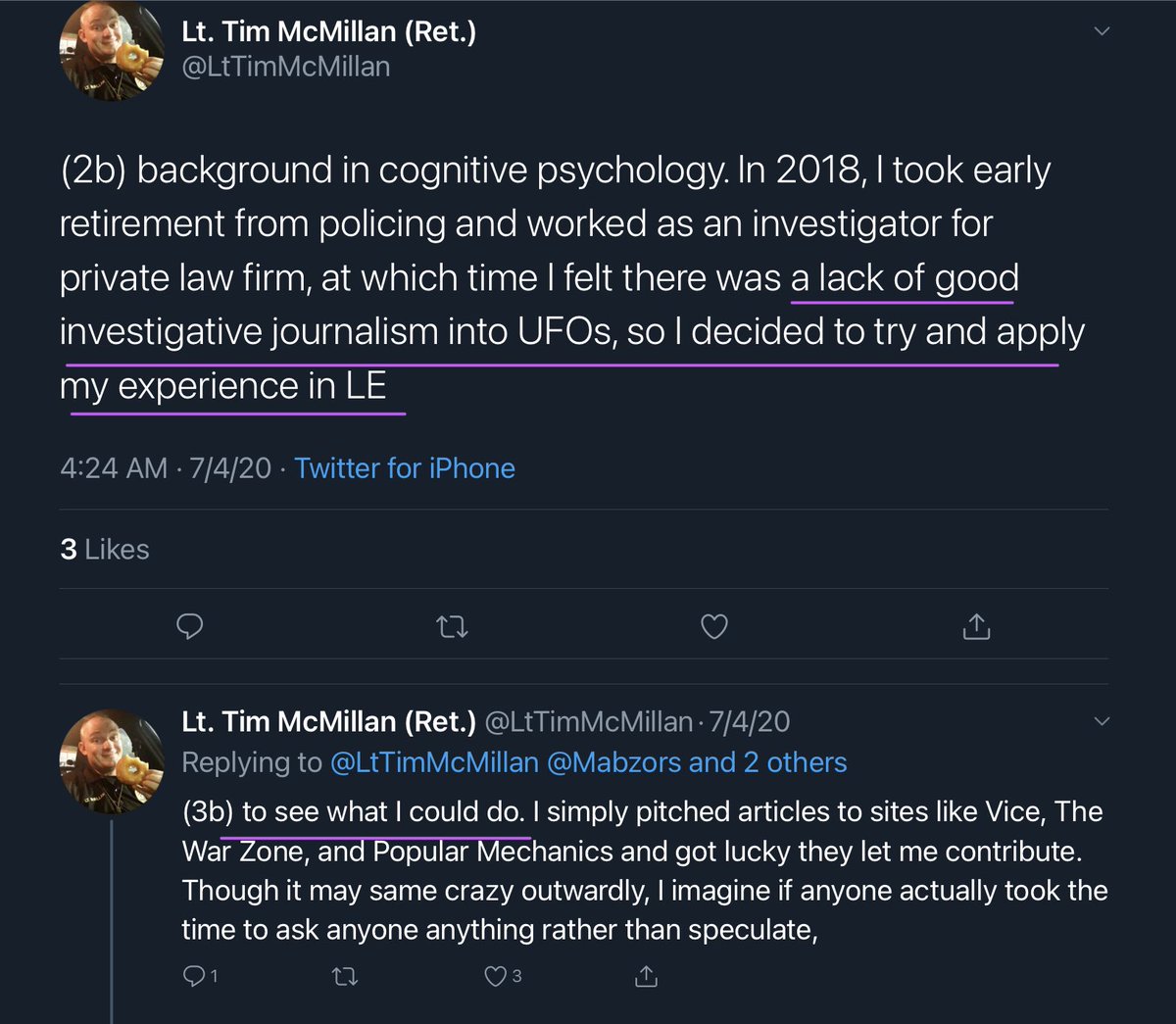 Did a search regarding Tim being a UFO investigator/researcher, and found an awesome thread where he responds to ME, that I totally missed bc I’m terrible at Twatter   https://twitter.com/lttimmcmillan/status/1279330242860113920