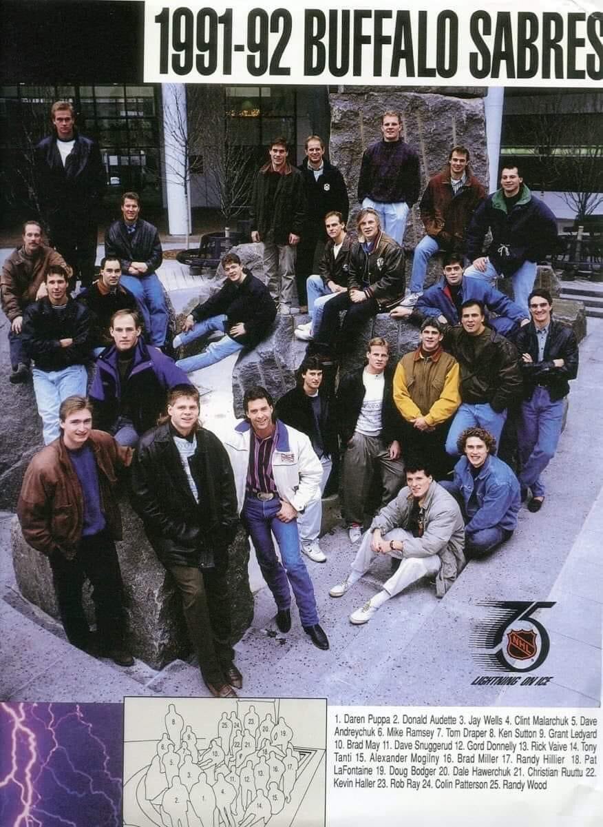 scottbalzer's tweet image. lots of stonewash and leather in this one @BuffaloSabres 📸.  @BWipp did you shoot this? #early90s