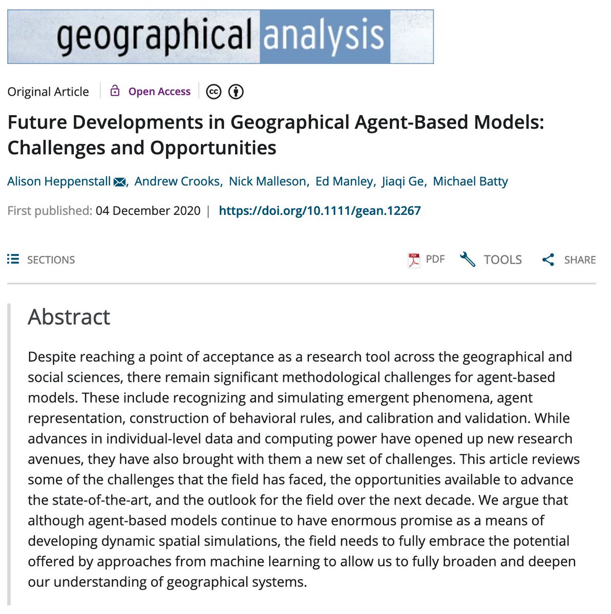 Are you Interested in #Geographical  #agentbasedmodels? If so, check out our new paper: Future Developments in Geographical ABMs: Challenges and Opportunities in @GeogAnalysis with @ajheppenstall @nickmalleson @edthink @jmichaelbatty @bobogejiaqi. paper at onlinelibrary.wiley.com/doi/10.1111/ge…