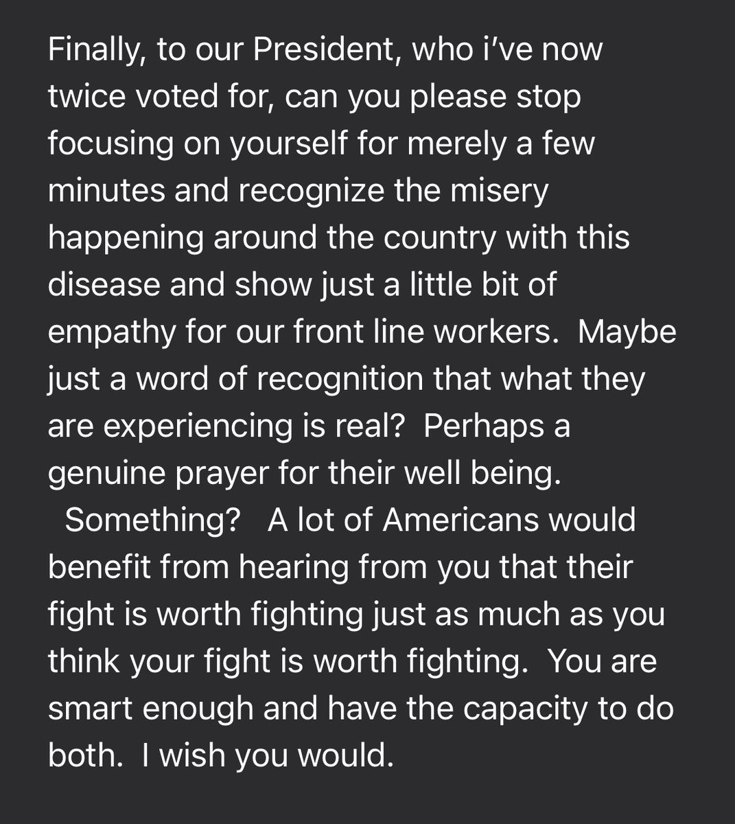 I received a pretty incredible email this morning. The CEO of a hospital and a Trump supporter living in the heart of Trump country.

He posted it on FB but I’m blinding it because it was an email to me.