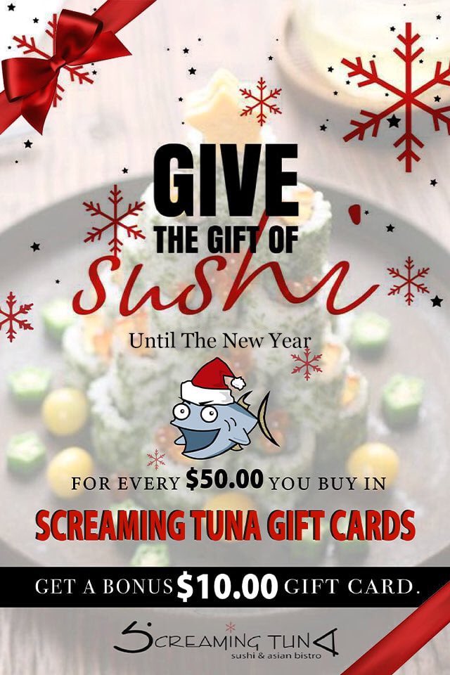 Our annual gift card bonus is live at both locations &amp; online at ScreamingTuna.com ! ❤️🎁

Happy holidays friends! 🙋🏾‍♂️
