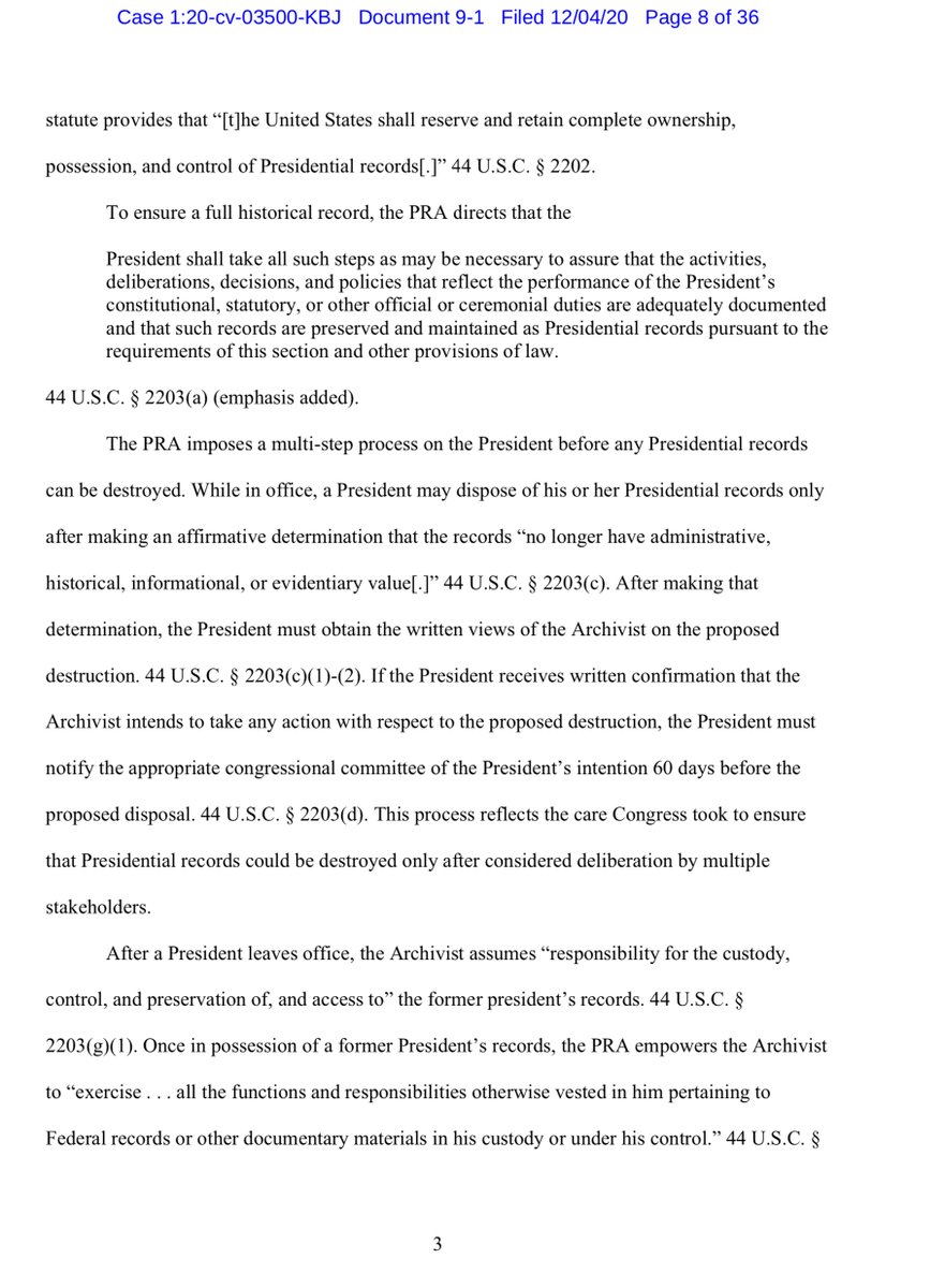 Presidential records are always at risk because the law that’s supposed to protect them is so weak,” said National Security Archive Director Tom Blanton. https://www.citizensforethics.org/wp-content/uploads/2020/12/9-1-Mem-in-Supp-of-TRO-Motion.pdf https://twitter.com/File411/status/1325149842931408898?s=20