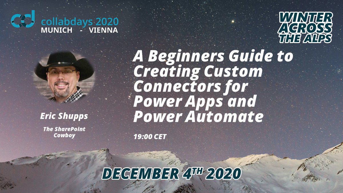 #PowerPlatform for the win, especially with custom connectors! Join <a href="/eshupps/">Eric Shupps</a> at 19:00 CET to learn to create a custom connector from scratch and more. 
#CollabdaysMUCVIE @collabdaysmuc @collabdaysvie #microsoft #yihaa