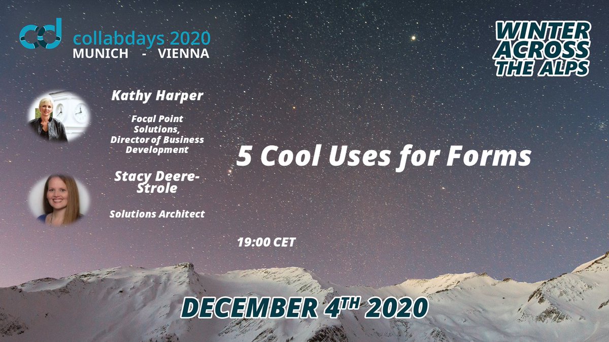 #microsoftforms is more than just a survey. Join <a href="/kathytharper/">Kathy Todd Harper</a> and <a href="/sldeere/">Stacy Deere</a> at 19:00 CET to learn 5 cool uses for it, including managing the data once you've received it. 
#CollabdaysMUCVIE @collabdaysmuc @collabdaysvie #microsoft