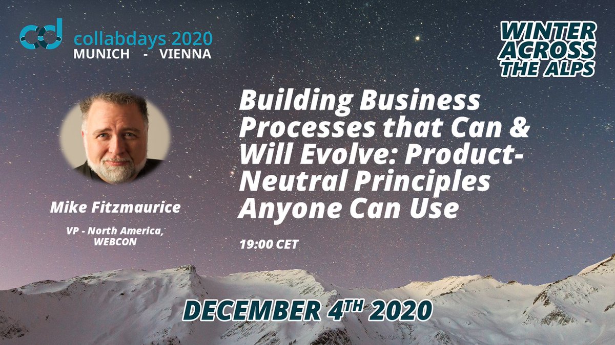 The only constant in life is change, especially when it comes to processes. Join Mr. <a href="/mikefitz/">Mike Fitzmaurice</a> at 19:00 CET to learn about strategies and tactics for addressing this change. 
#CollabdaysMUCVIE @collabdaysmuc @collabdaysvie #microsoft