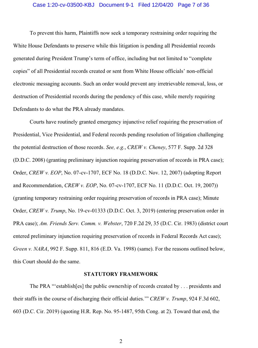 Presidential records are always at risk because the law that’s supposed to protect them is so weak,” said National Security Archive Director Tom Blanton. https://www.citizensforethics.org/wp-content/uploads/2020/12/9-1-Mem-in-Supp-of-TRO-Motion.pdf https://twitter.com/File411/status/1325149842931408898?s=20