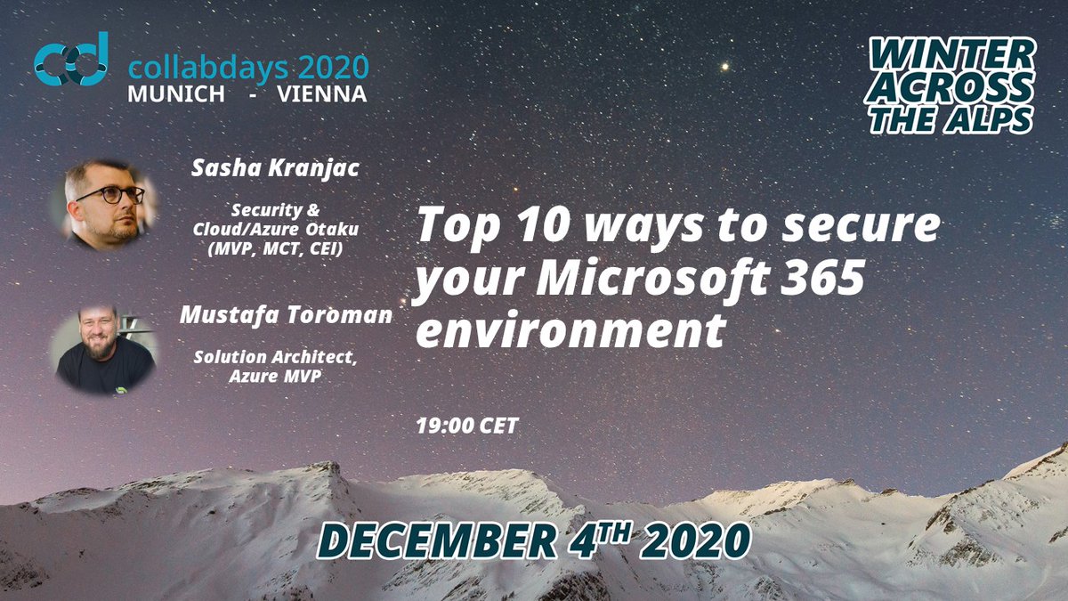 #microsoft365 is secure by design, but there are ways to enhance that security. Join <a href="/SasaKranjac/">Sasha Kranjac | MVP | RD | CISSP</a> and <a href="/toromust/">Mustafa Toroman</a> at 19:00 to learn about the top 10 ways to make M365 more secure.
#CollabdaysMUCVIE @collabdaysmuc @collabdaysvie #microsoft