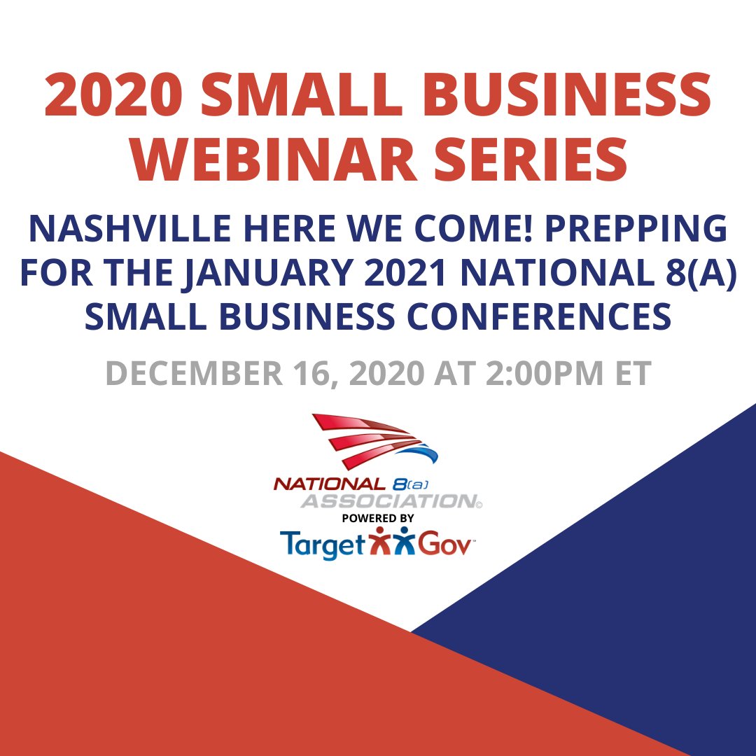 National8a's tweet image. Join us for our next #freewebinar on Wednesday, December 16th at 2PM ET! #National8aAssociation #TargetGov  #WebinarWednesday #BusinessStrategy #2021SBC #SmallBusiness #Nashville  
Register Today: register.gotowebinar.com/register/10577…