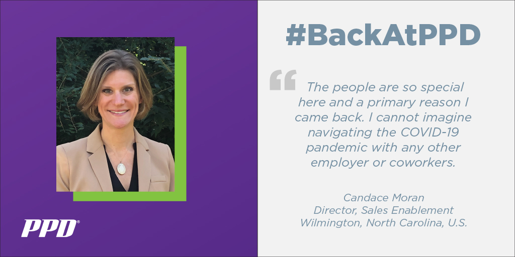 PPDCRO's tweet photo. “Returning to PPD was a great decision for me, professionally and personally. PPD has impressed me every step of the way as we navigate this difficult situation with the pandemic," said Candace Moran.  Learn more about careers at PPD >> https://t.co/GAqGVPcDRQ #BackAtPPD https://t.co/ZHgseOl0it
