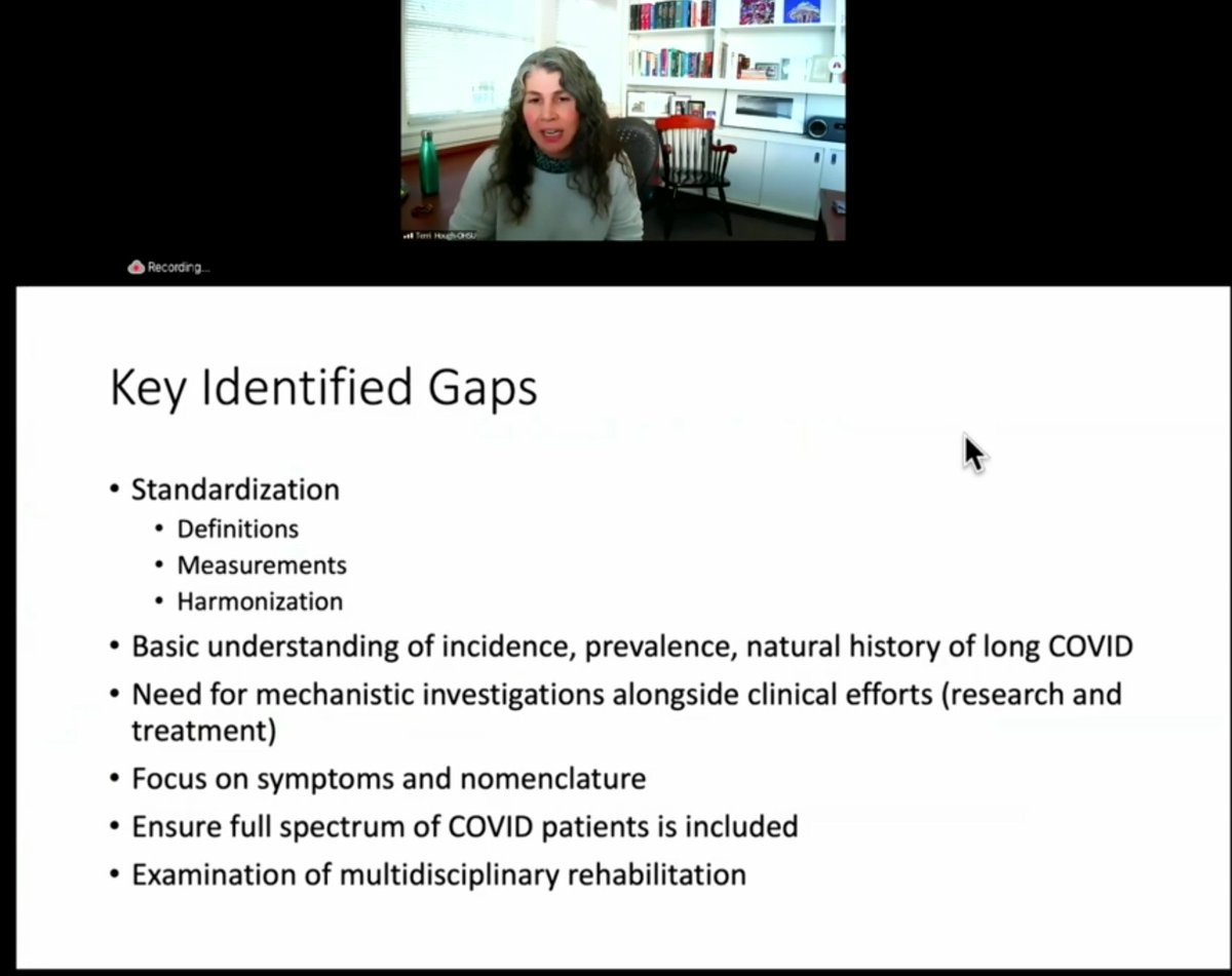 Dr. Hough OHSU on pulmonary breakout on  #LongCovid:- need to agree on language to describe this (what do we name this?)- not enough research on first few days of COVID infectionKey identified gaps below in image: