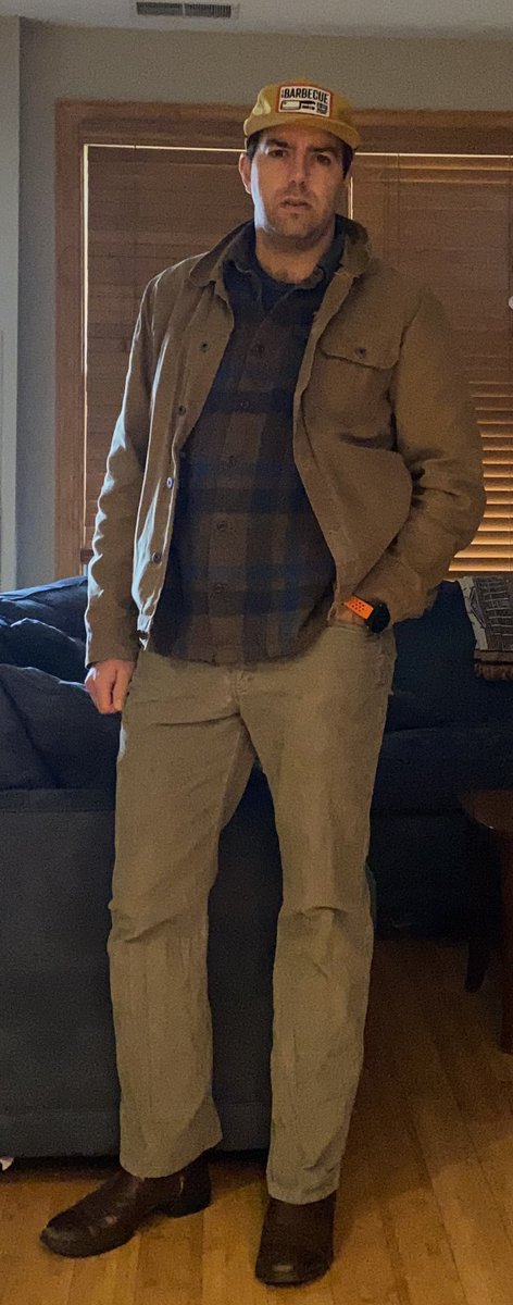 reillykp's tweet photo. It’s a pandemic, so why not? I'm going full hipster today. Waeinf cords, a flannel, my waxed trucker jacket, cowboy boots, and my obscure Texas BBQ ship trucker hat with a flat bill. And I'm eating a McRib. #hipster #labarbecue https://t.co/TfDLpKcjZI