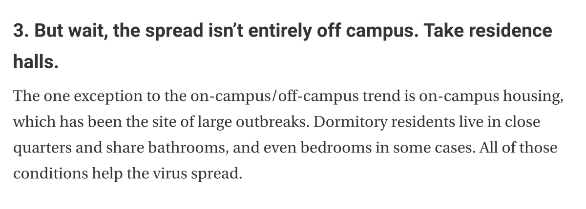 4/ Lesson 3: It’s complicated. t’s not all off-campus. Campus housing has been the site of large outbreaks.