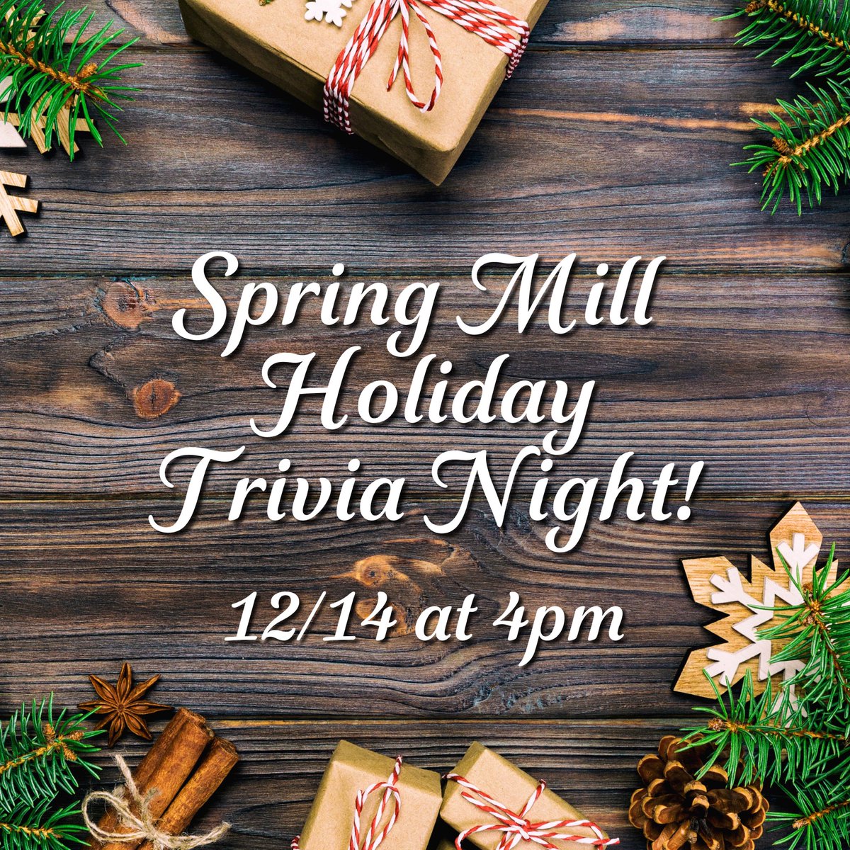 SpringMill1909's tweet photo. Don’t miss our Spring Mill Holiday Trivia Night on Monday, December 14th at 4pm! Join the virtual FUN &amp; win BIG prizes! 🎁 Make sure to sign up this Monday via the link in the Spring Mill Weekly Happenings email. Space is limited! We’ll see you there! #holidaytrivia https://t.co/2ryZDFYGlM