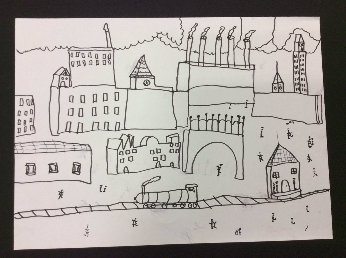 st_uttoxeter's tweet photo. Some fantastic art work from Year 2 in the style of Lowry and using Uttoxeter buildings as inspiration. https://t.co/8384xG6pEk