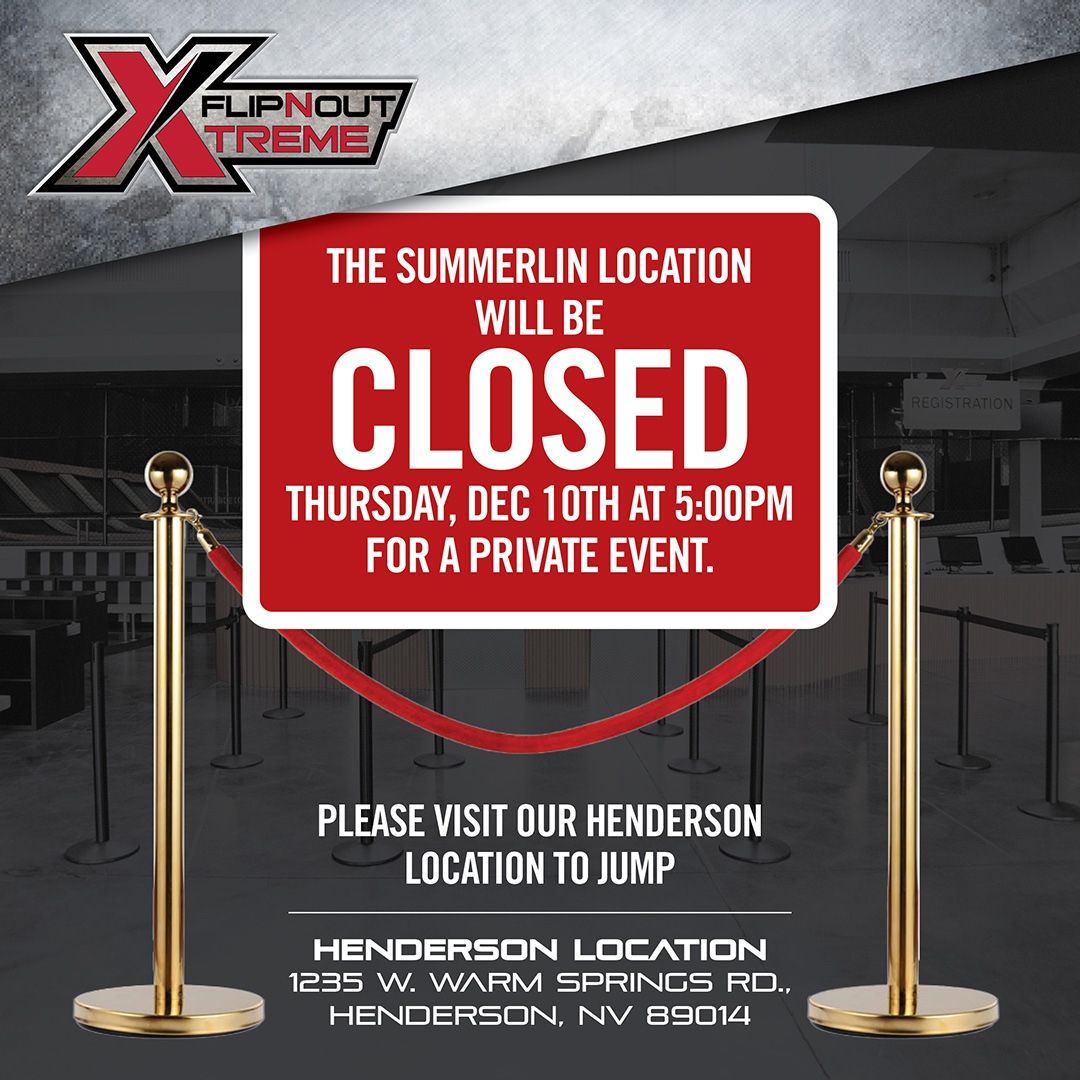 flipnoutxtreme's tweet photo. We Are Closed For A Private Event Thursday, December 10th at 5pm.
Please Visit Our Henderson Location Thursday Night. We Will Be Open Again Friday. https://t.co/MEQRLOM2kR