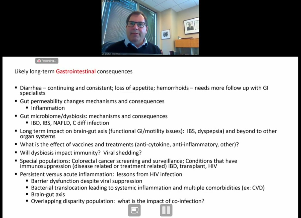 Dr. Jonathan Himmelfarb (UW) on GI/renal/metabolic of  #LongCovid:- Long-term gastrointestinal consequences- diarrhea, gut permeability changes- gut microbiome/dysbiosis - viral shedding in GI tract. how will that impact on population basis as well as individuals?