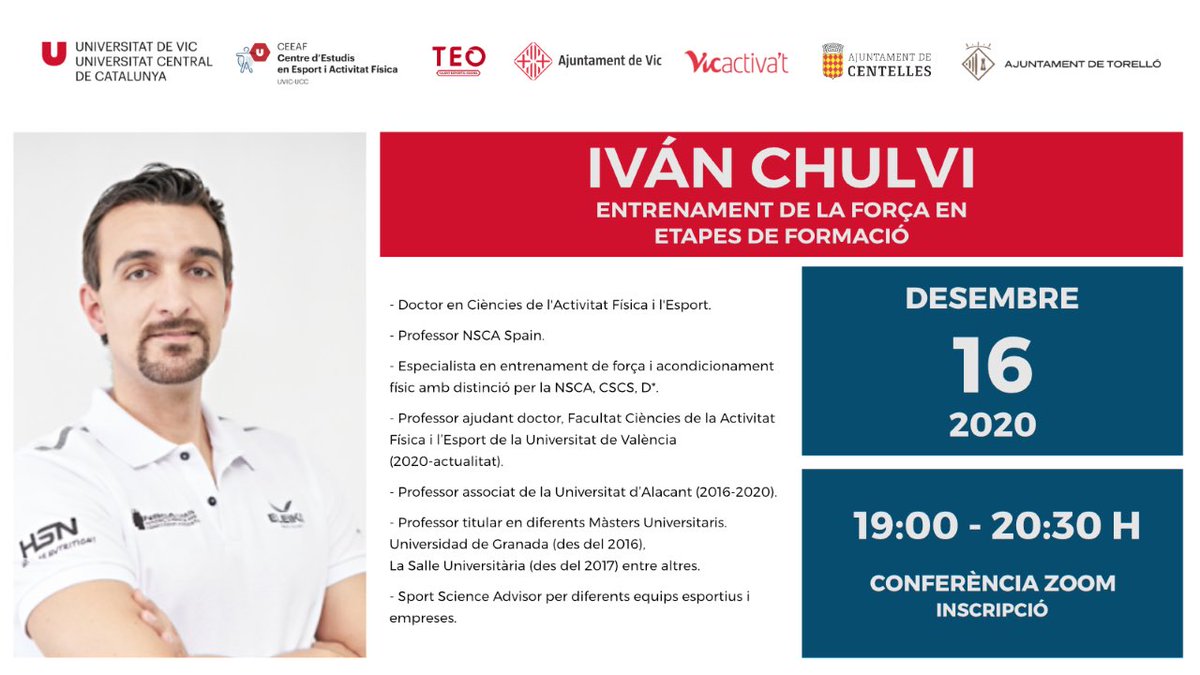 📌16 de desembre - Conferència TEO 

<a href="/IvanChulvi/">Iván Chulvi Medrano</a> ens parlarà de l’entrenament de la força en etapes de formació 🏋️‍♀️ Un luxe de conferència que no et pots perdre 💻 #somtalent 

Inscripció: forms.gle/LC8t1vookrfRwB…