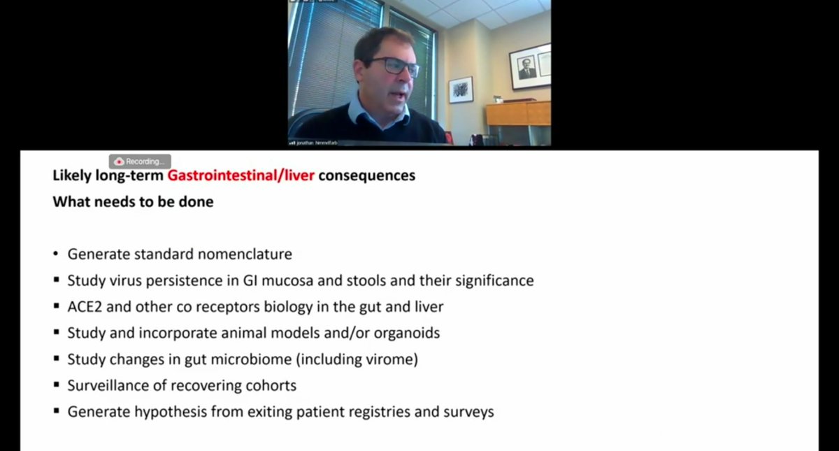 Dr. Jonathan Himmelfarb (UW) on GI of  #LongCovid.What needs to be done:- we need to generate standard nomenclature. - need to study viral persistence in GI mucosa and stools- ACE2 receptors in gut and liver- study changes in gut microbiome- more on slide below