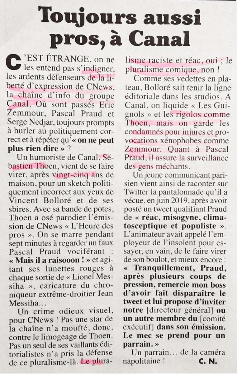 pier2kan's tweet image. Le Canard Enchaîné s’étonne que le groupe #CanalPlus préfère virer l’humoriste Sébastien #Thoen après 25 années de maison, pour garder sur #Cnews les condamnés pour injures et provocation xénophobes comme #Zemmour!