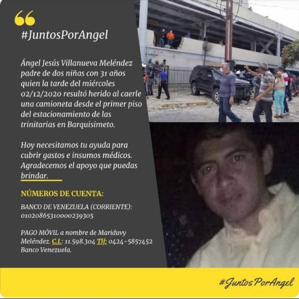 laprensalara's tweet photo. #ServicioPúblico | Ángel Jesús Villanueva Meléndez resultó herido tras caerle una camioneta Runner del segundo nivel del estacionamiento del hotel Trinitarias Suites.

Actualmente se encuentran recibiendo colaboraciones para cubrir gastos e insumos médicos

Datos en la imagen ⬇ https://t.co/F8SGLZhRG9