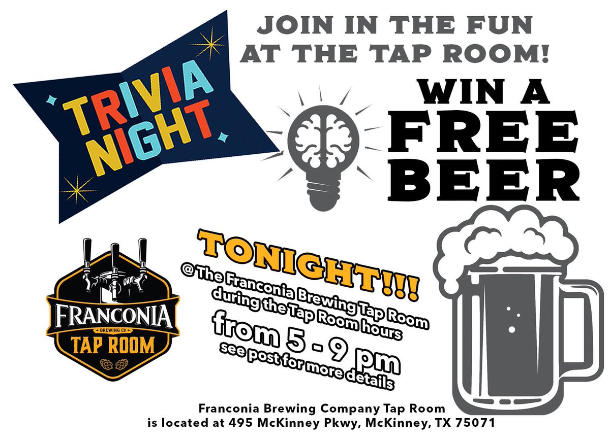 Come out to the Tap Room’s Trivia Night Tonight from 5-9pm… YOU COULD WIN A FREE BEER 🍻🍻🍻!
