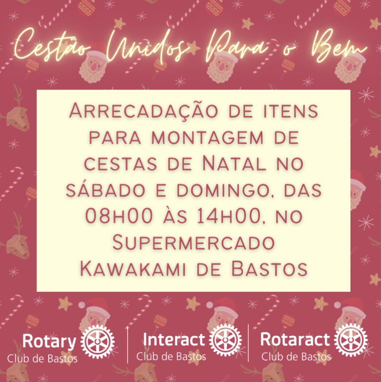 interactbastos's tweet photo. Dezembro chegou!! E junto com ele, vem o Natal. 

Pensando nisso, o Interact, Rotaract e Rotary Clubs de Bastos se juntaram para realizar o projeto “Cestão Unidos Para o Bem”, que visa em montar cestas de Natal para doar para famílias mais carentes.

Estaremos amanhã (05/11) + https://t.co/4Uwymjt4Z7